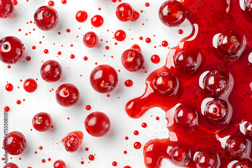 Drops and stains of red berry jam, sauce top view isolated on white background. Cranberry Jam drops close up 