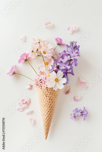 A bouquet of beautiful spring flowers in a waffle cone on a pink background, top view Ice cream of lilac flowers in waffle cone isolated on white background with copy space.