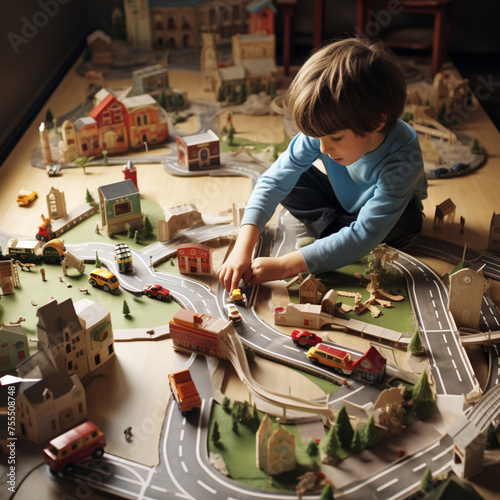 Boy playing with cars and a racetrack.