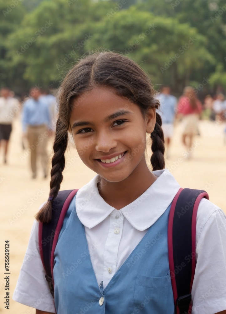 A spanish girl wearing a school uniform with backpack A spanish girl wearing a school uniform with backpack