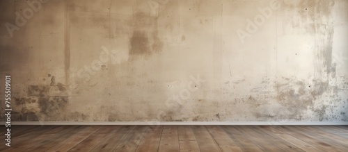 An empty room with a wooden floor and a dirty wall. The room appears neglected, with signs of wear and tear evident on the walls. The wooden floor is scuffed and worn, adding to the overall photo