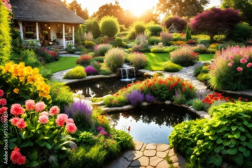 Beautiful flower garden with many beautiful flowers , sunlight, with a pond , a nice house