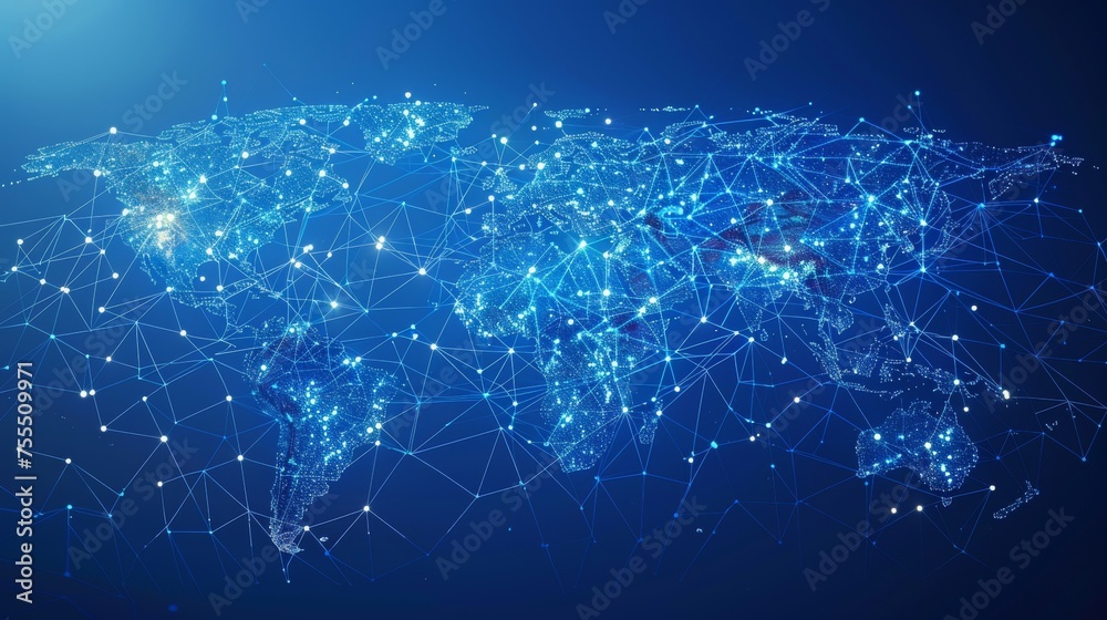 Fototapeta premium An isometric world map with a polygonal wireframe composition isolated on a blue background. A polygonal space with lines and dots connected. An abstract illustration isolated on a blue background.