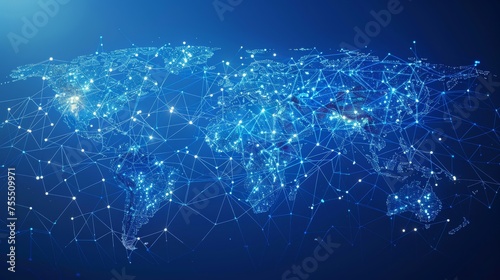 An isometric world map with a polygonal wireframe composition isolated on a blue background. A polygonal space with lines and dots connected. An abstract illustration isolated on a blue background. photo