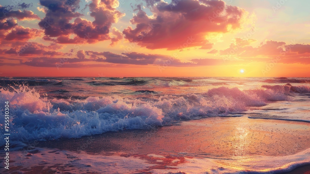 A dramatic seaside sunset with the orange sun dipping into the horizon, casting a golden hue over the crashing waves and cloudy sky. - obrazy, fototapety, plakaty 