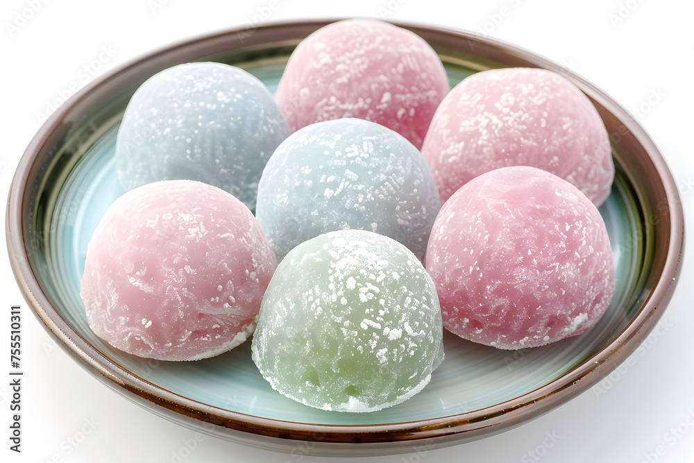Delicious Japanese mochi rice flour dessert isolated on white Delicious Japanese mochi rice flour dessert isolated on white