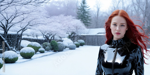 Strong real BDSM adult caucasian red hair mistress wearing and poses in fetish black erotic latex rubber catsuit in japan winter frozen snowy garden