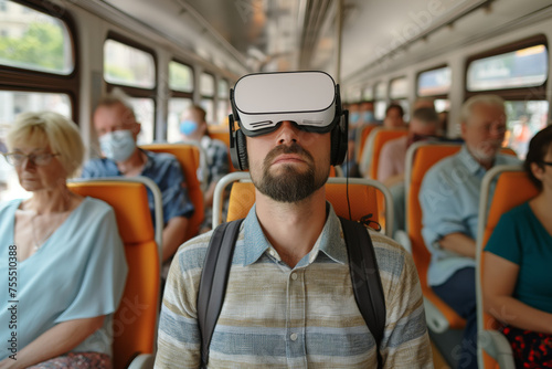 Man using VR glasses spatial computer virtual reality goggles in public transportation bus, beautiful scenic cyberpunk neon