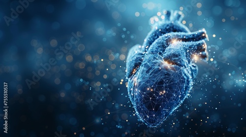 An abstract illustration of the heart. Low polywireframe style. Technology and innovation in medicine. Abstract illustration isolated on light background. A geometric silhouette connects particles