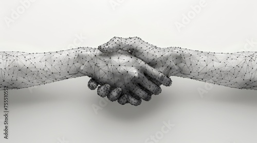 An abstract illustration of hands clasped in a handshake. Low poly wireframe illustration. Geometric hands gestures. Business symbol. Plexus lines and points in silhouette. Stunning 3D illustration.