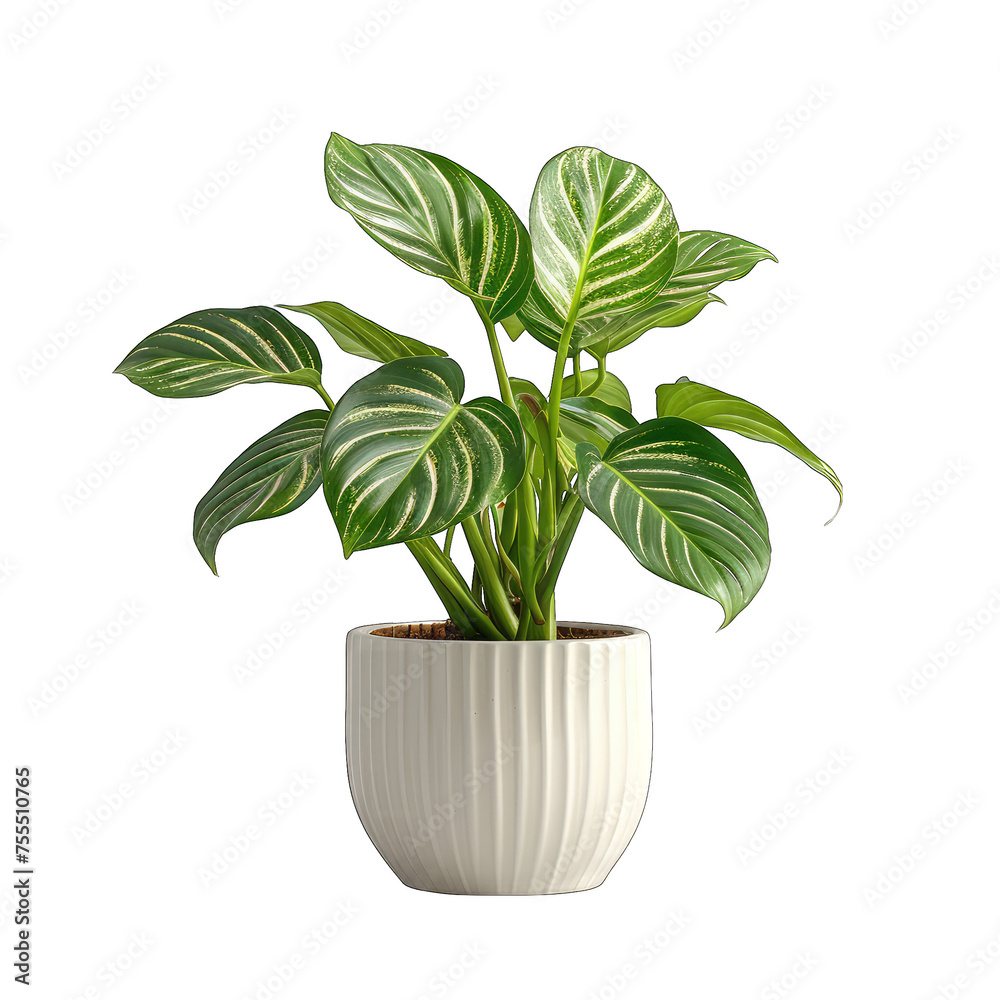 Striped Green Transparent Cut Out of Philodendron hobo Philodendron spp on White Background