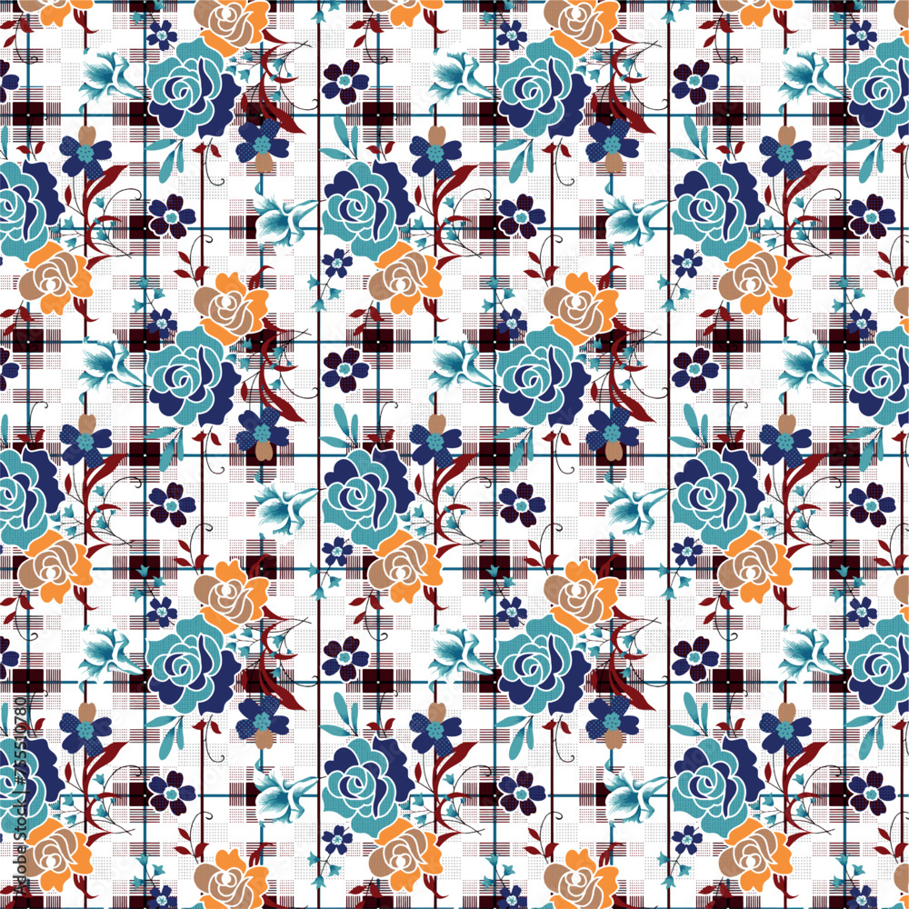 Checkered patchwork floral pattern seamless squired design.
