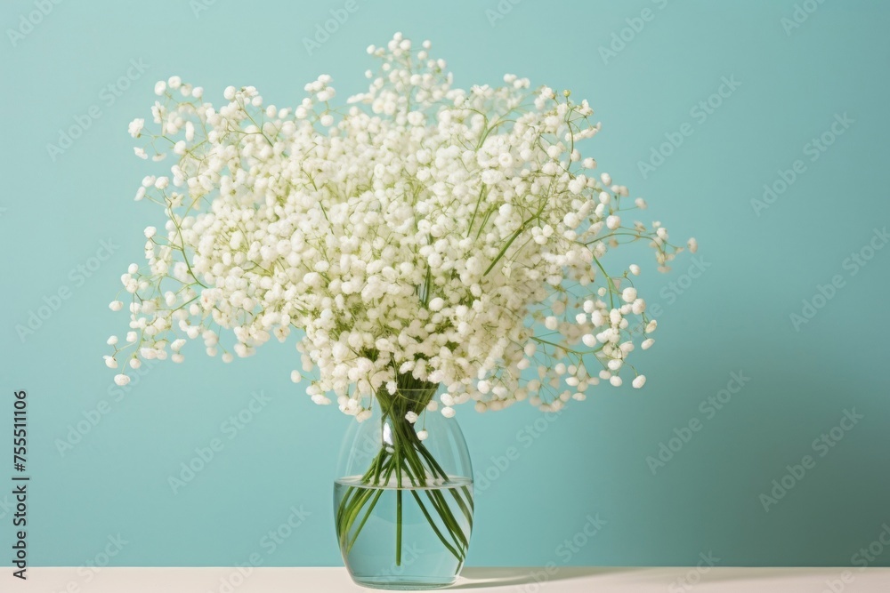 Fresh White Baby's Breath Flowers in Glass Vase on Blue Background