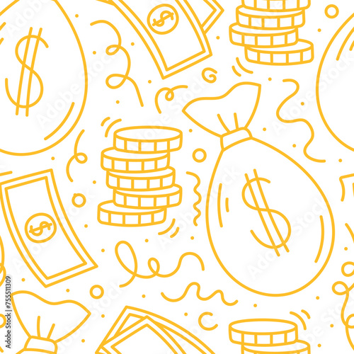 Doodle line money symbols. A bag of money, a paper bill and a stack of coins. Vector seamless pattern.
