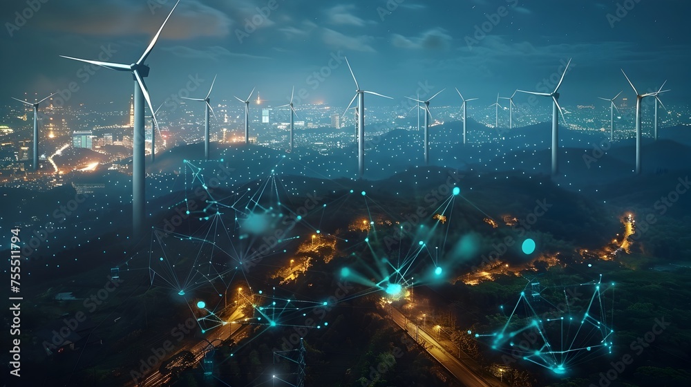 Obraz premium A futuristic cityscape with many wind turbines