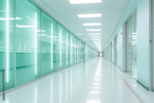 Modern Hospital Corridor with Bright Illumination and Green Glass Walls