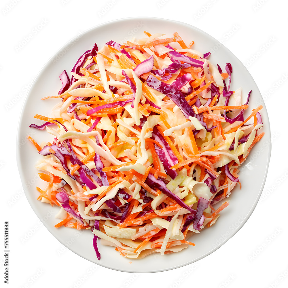Coleslaw on plate top view isolated on white