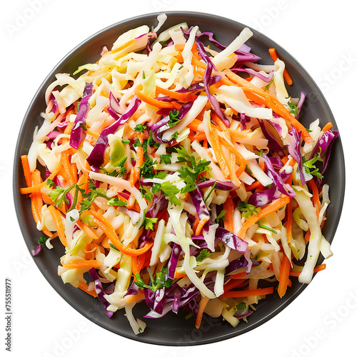 Coleslaw on plate top view isolated on white