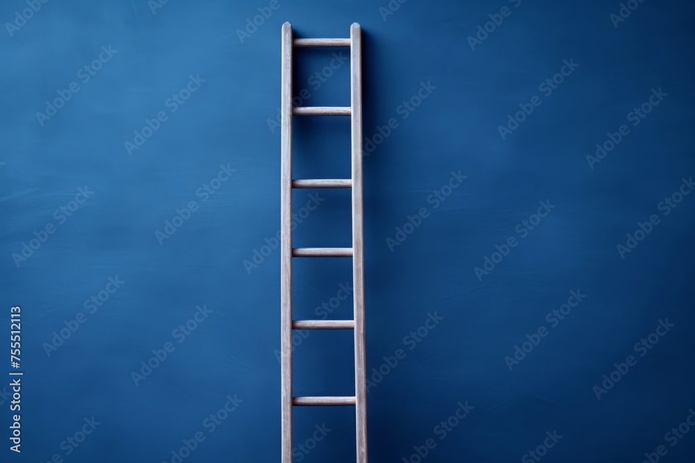 Wooden Ladder Against a Smooth Blue Wall Background