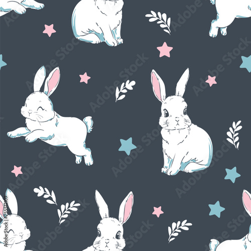 Cute rabbits and flower background vector seamless pattern  © Alsu Art