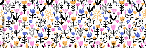 Seamless pattern with flowers of different colors. Spring flowers, leaves. Vector illustration in flat style. © Yelyzaveta Kovalenko