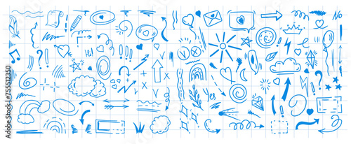 Simple sketch line style elements. Doodle cute ink pen line elements isolated on background of checkered notebook sheet. Doodle arrow, heart, star, decoration symbol, blue icon set. Vector 