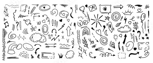 Simple sketch line style elements. Doodle cute ink pen line elements isolated on white background. Doodle arrow, heart, star, decoration symbol, icon set. Vector illustration.