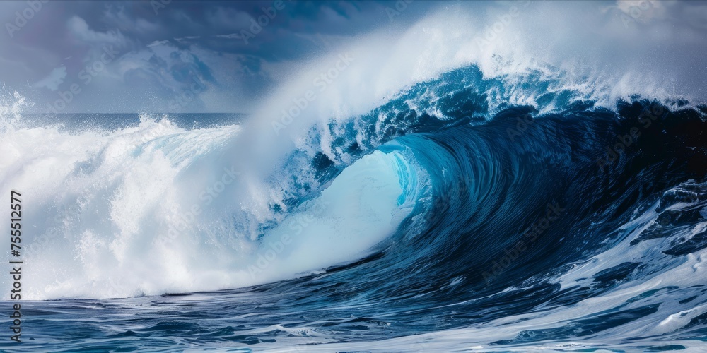 Crashing blue ocean wave with spray. Crashing blue ocean wave with spray.