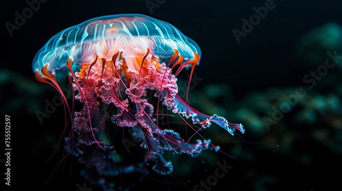 Vibrant Jellyfish Against Dark Ocean Background