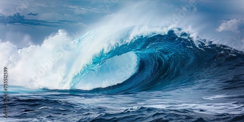 Crashing blue ocean wave with spray.