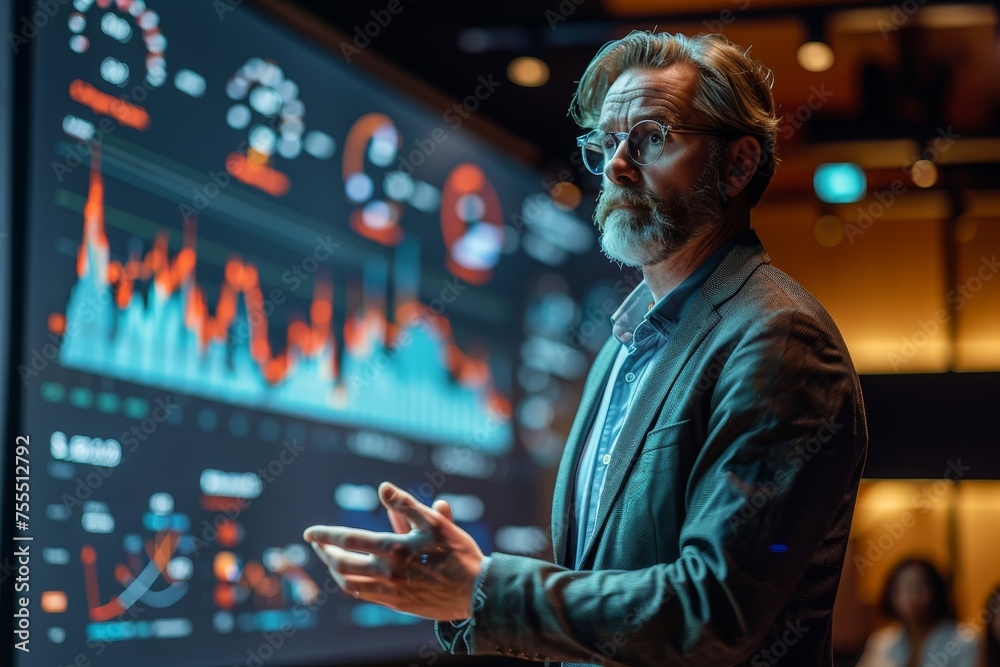 A professional presents market trends with digital diagrams, conveying insight and expertise on economic projections