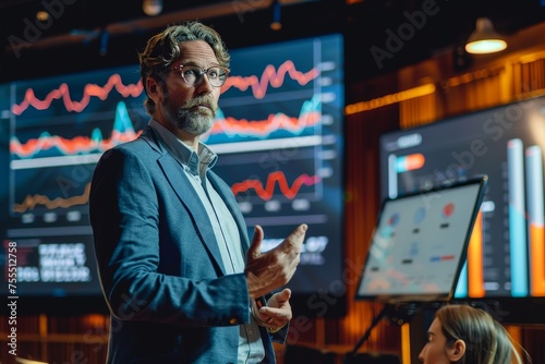 An enthusiastic presenter engages the audience during a financial seminar, with digital charts in the background