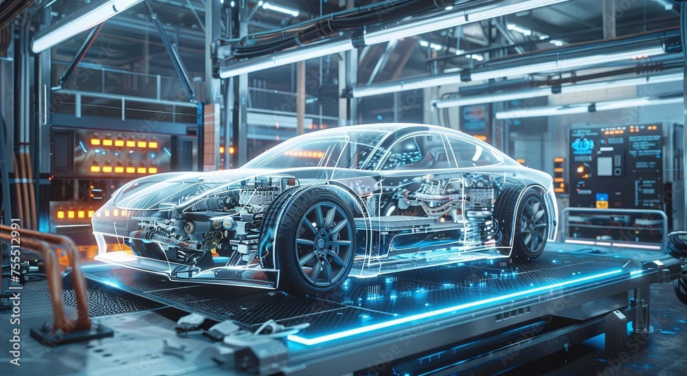 A futuristic electric car with transparent bodywork is being constructed in an advanced factory