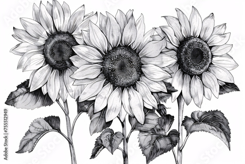 Monochrome sketch of three sunflowers #755512949