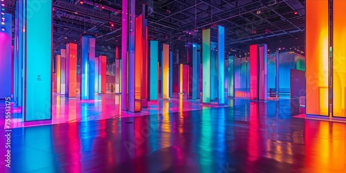 Modern exhibition hall with colorful geometric displays.