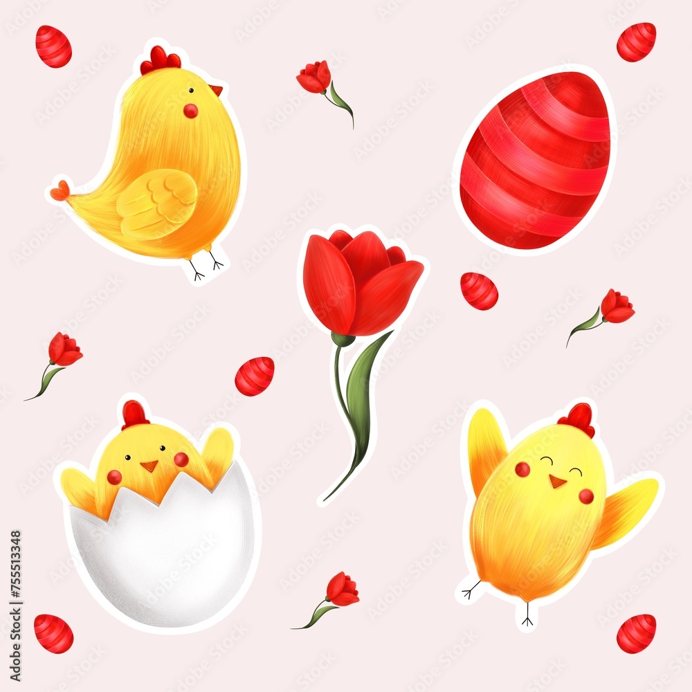Stickers Easter egg chicken baby postcard card background red 