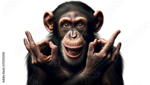 close-up of a chimpanzee with an amusing facial expression and gesturing with its hands up. Chimpanzee Gesturing with Hands mimicking rock salute symbol, Humorous Expression © angellodeco