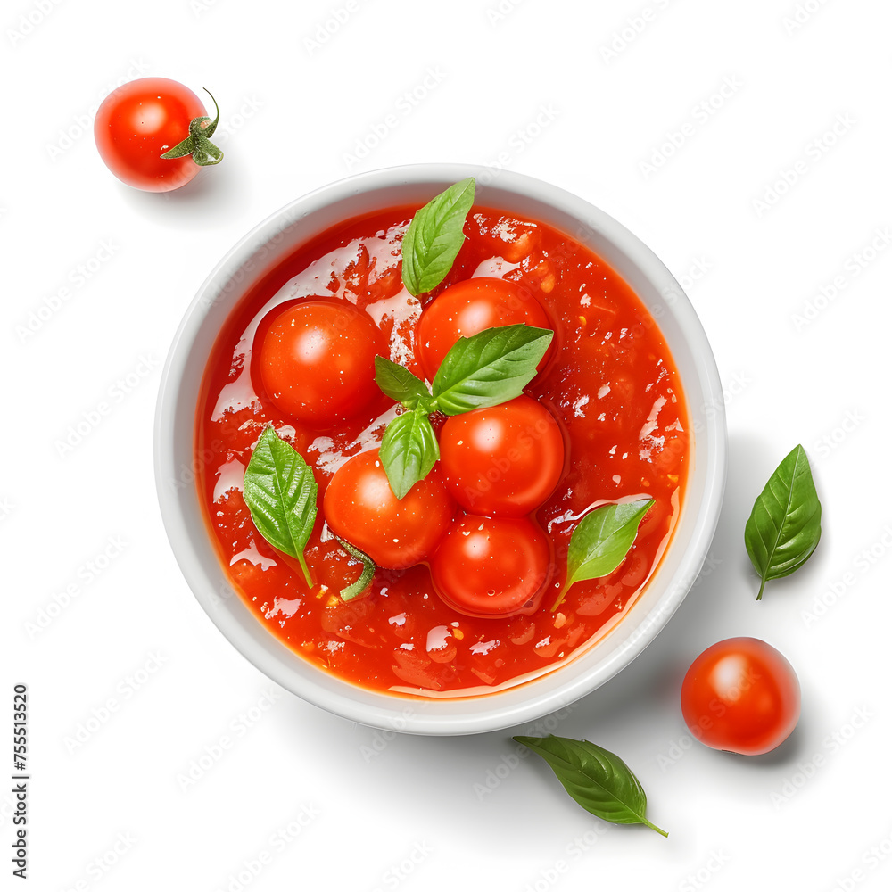 Bowl tomatoes sauce isolated on white, top view Bowl tomatoes sauce isolated on white, top view