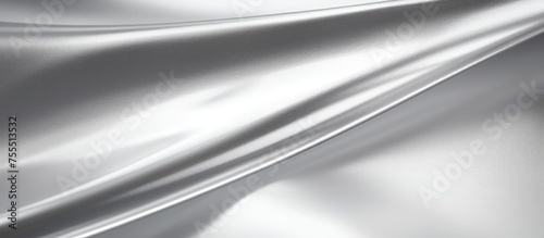 A detailed view of a shiny silver fabric, showcasing its reflective surface and texture. The fabric appears sleek and metallic, with a play of light on its surface.