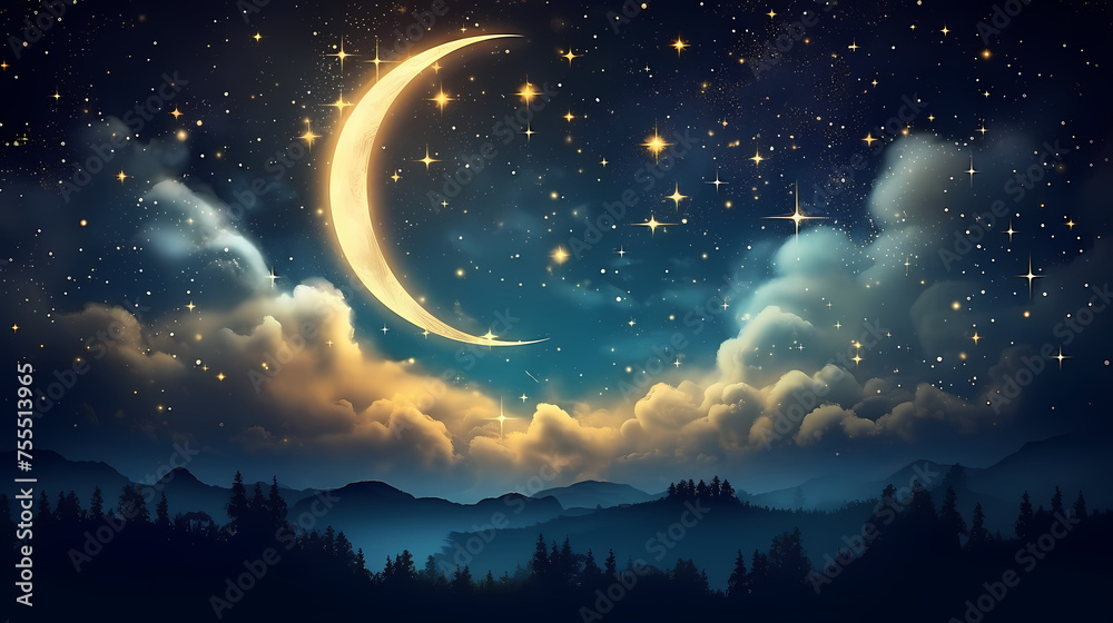 Ramadan illustration, golden shining crescent moon Ramadan illustration, golden shining crescent moon