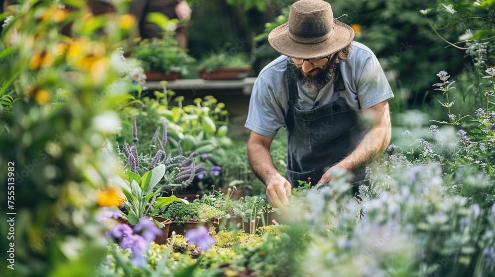 A gardener creating a sensory garden with fragrant herbs and flowers to delight the senses and promote well-being — tenderness and care for the environment, unity and diligence, lo