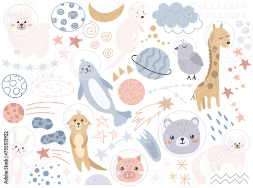 Astronaut animals cartoon characters floating in space set vector illustration in Scandinavian style