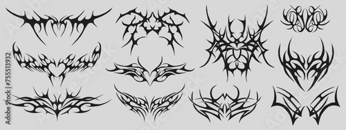 Set Of Cyber Sigilism Tattoo Shapes Vector Design. Collection Of Neo Tribal Patterns.