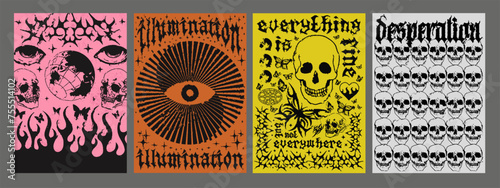 Cool Cyber Sigilism Streetwear Prints Vector Design. Y2k Gothic Neo Tribal Pattern.