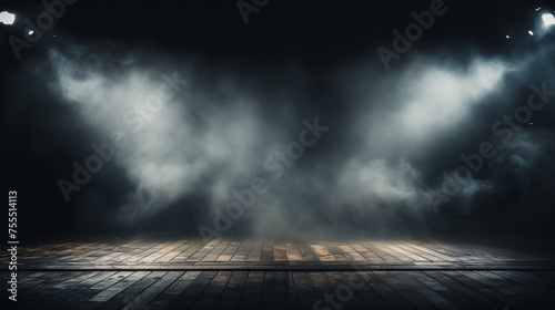 Dark background spotlight on empty studio room. Empty studio room with smoke float up interior texture for display products background.