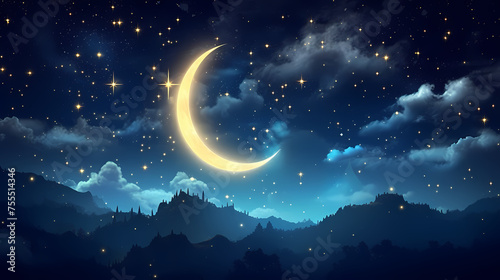 Ramadan illustration, golden shining crescent moon