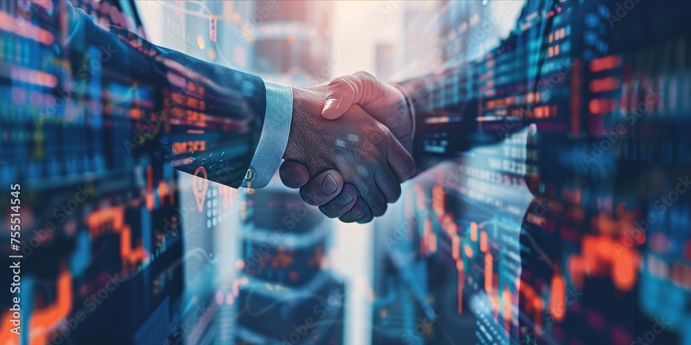 Business people shaking hands with digital financial graphics overlay. Business people shaking hands with digital financial graphics overlay.