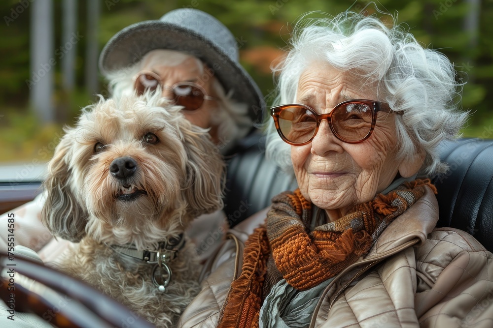 Two senior women with a small dog share a moment during a car journey Two senior women with a small dog share a moment during a car journey