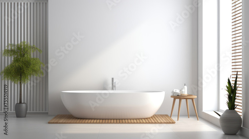 white minimalist bathroom interior with decor in eco style