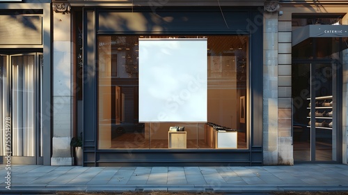 Blank whiteboard on the glass window in front of restaurant, coffe shop, outdoors. front view. copy space, mockup product. 